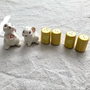 3 salt & pepper shakers, corn on the cob & bunnies